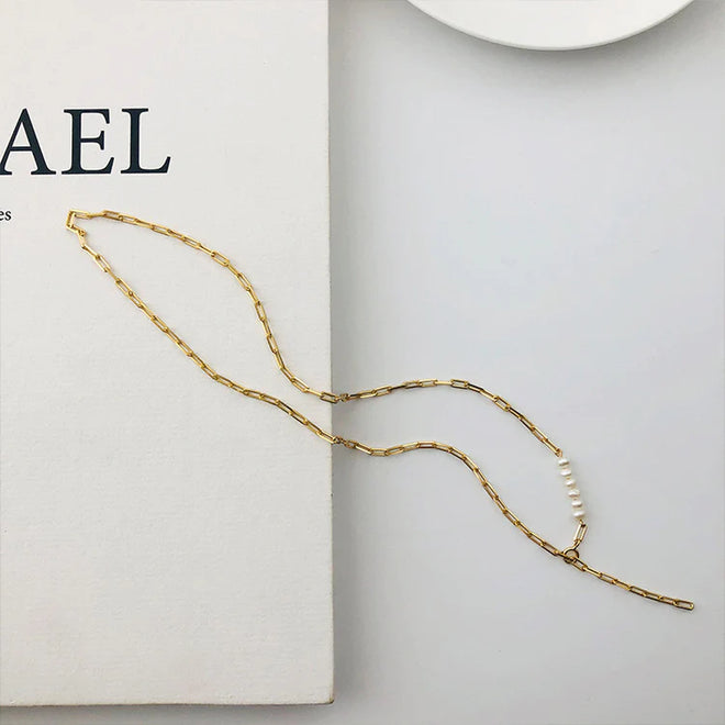 Gold Chain Paperclip with Real Pearls