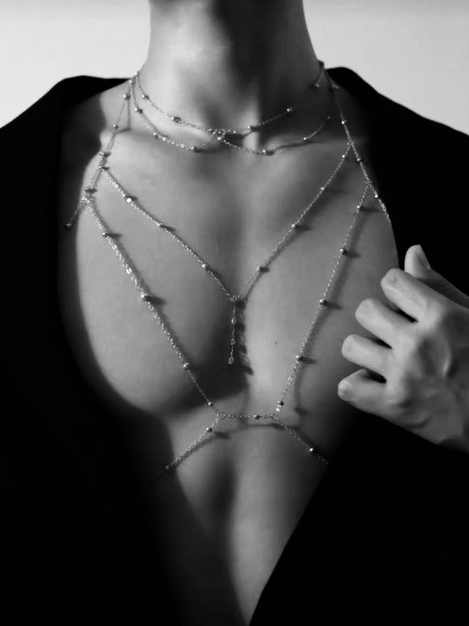 Powerful Silver Body Chain and Necklace Set